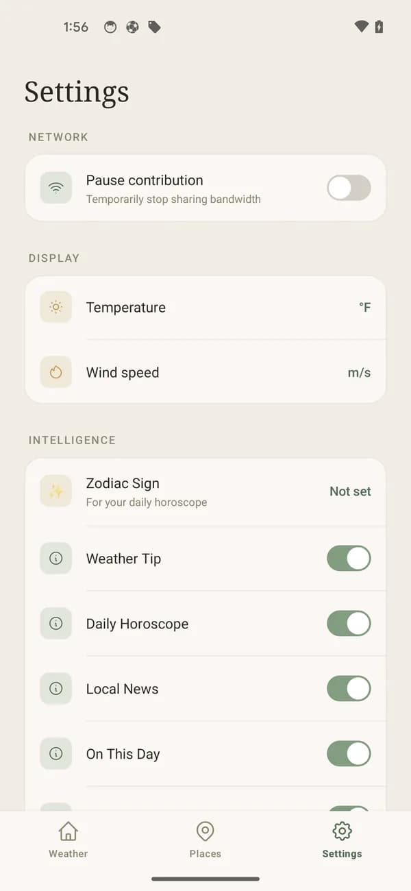 Outcast's Settings screen with a Pause contribution switch, temperature and wind-speed units, and individual toggles for the weather tip, daily horoscope, local news and on-this-day cards.