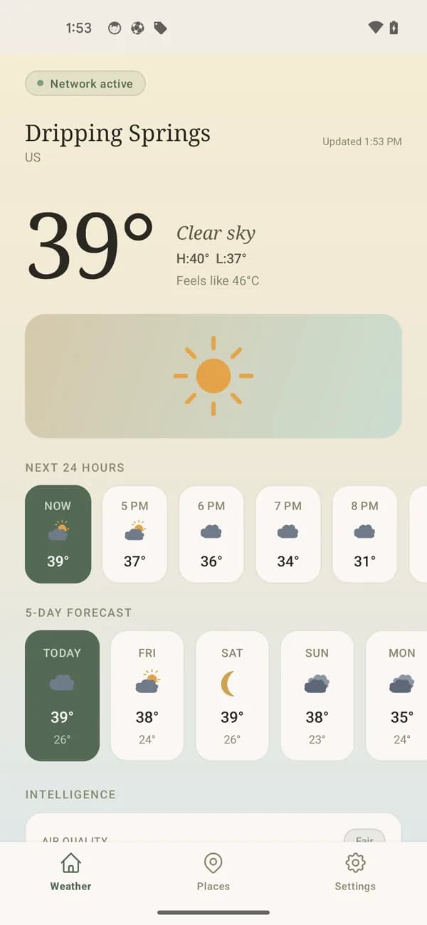 Outcast's main screen showing 39° and clear sky in Dripping Springs, with a 24-hour strip and a 5-day forecast below it.